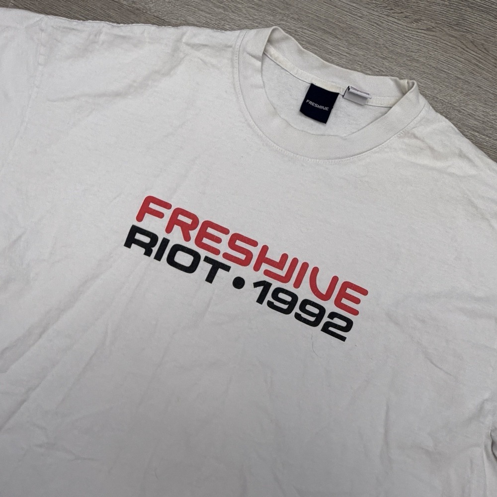 Vintage Freshjive Riot 1992 T Shirt Mens XXL White Graphic Made USA Streetwear